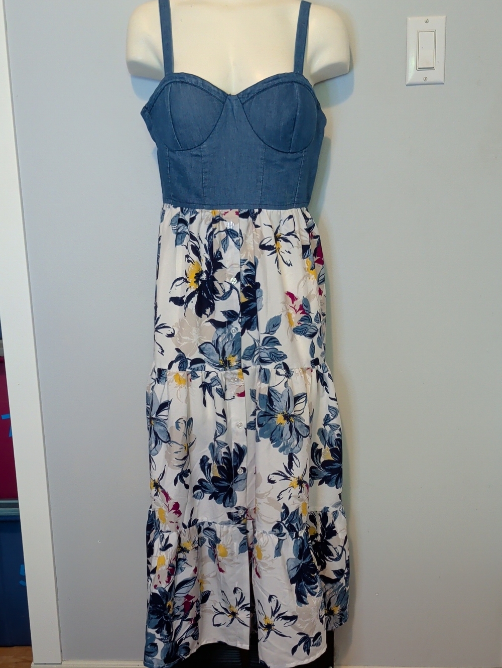 Band Of The Free Denim Bodice Floral Tiered Maxi Dress in Blue and White